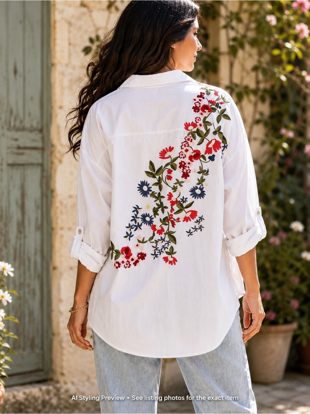 Dex Off White Floral Embroidered Cotton Button-Up Shirt Women’s L Oversized